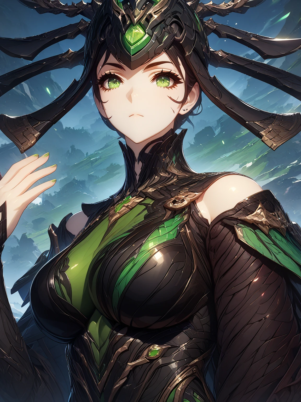 (masterpiece, top quality, best quality, official art, beautiful and aesthetic:1.2), (1 girl), extreme detailed, colorful, highest detailed, (large breasts:1.2,) upper body, from above, hanying, black china dress, green hair, red eyes, Hairpin, single bun,hair ornament, long sleeves, wide sleeves, dragon pattern dress, leg bandage, leaning wall, in china city, ancient street, sun,