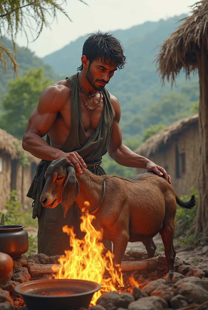 A indian Villan like Face bloody clothes and Bloothy hands Holding up a Bloody Machete and Goat Head On Others Hand  to Cut the Goat Neck . 