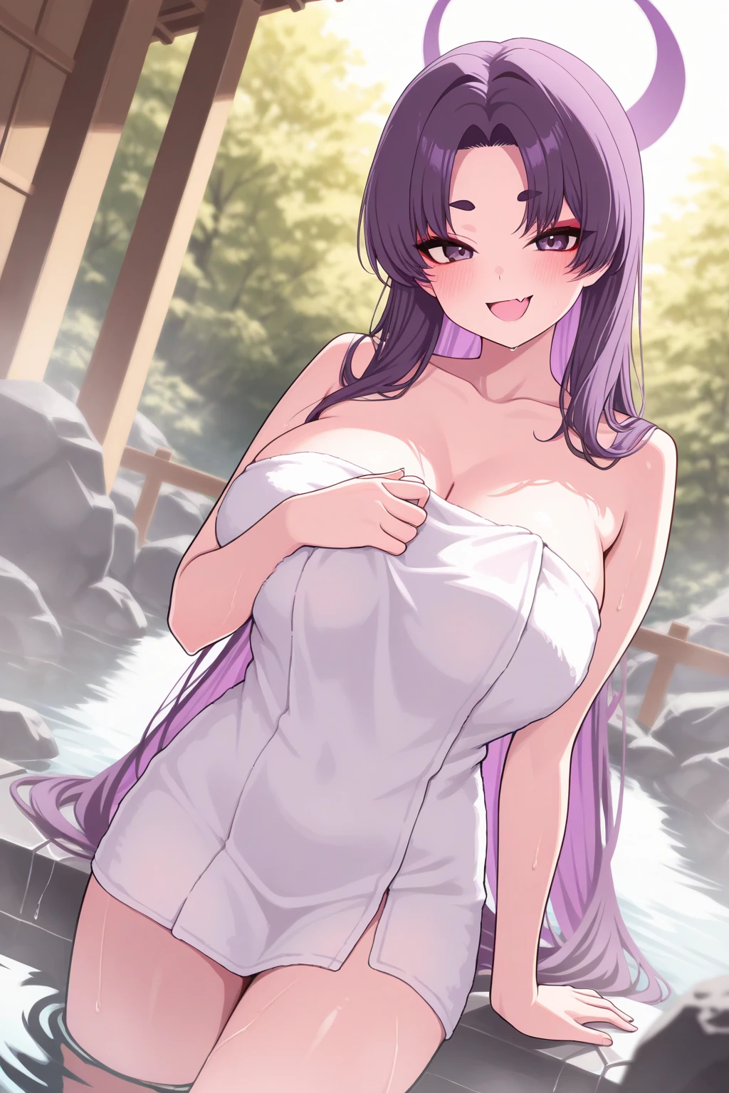 Girl Onsen with shy face blue eyes left eyes little bit hidden