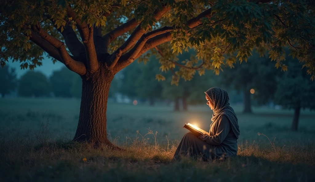 A asian woman with tunik hijab , white shoes, sits serenely on a fallen tree branch in the heart of an autumn forest, holds a dark-colored book in her hands , realistic photography, dreamy moment