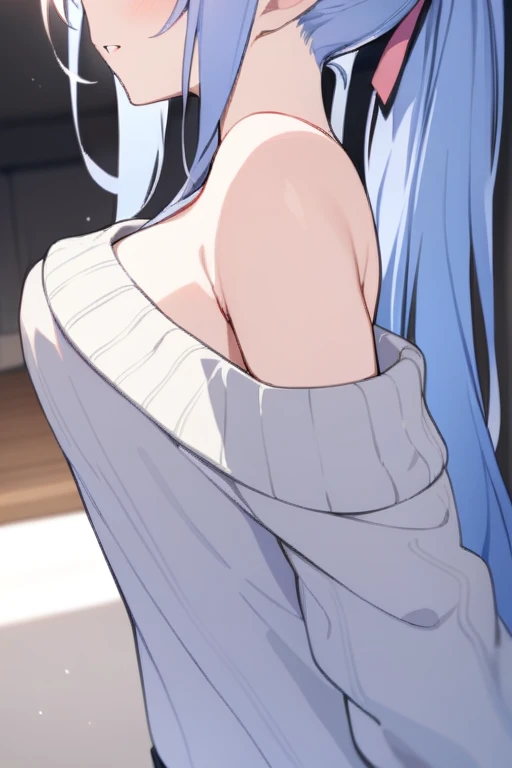 ((best quality)), ((masterpiece)), (detailed), perfect face, 1girl, turquoise hair, very long thick braid, turquoise eyes, long white shirt, short black pants, socks, pale skin, opening door, zoomed out looking at viewer curiously