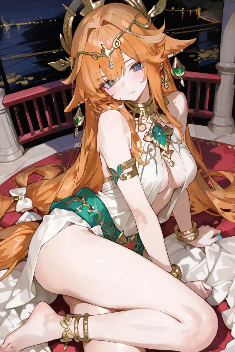 The goddess of autumn lying down, beautiful, Character style, Wearing the clothes of a goddess. There is an autumn-like decoration on the head.. 