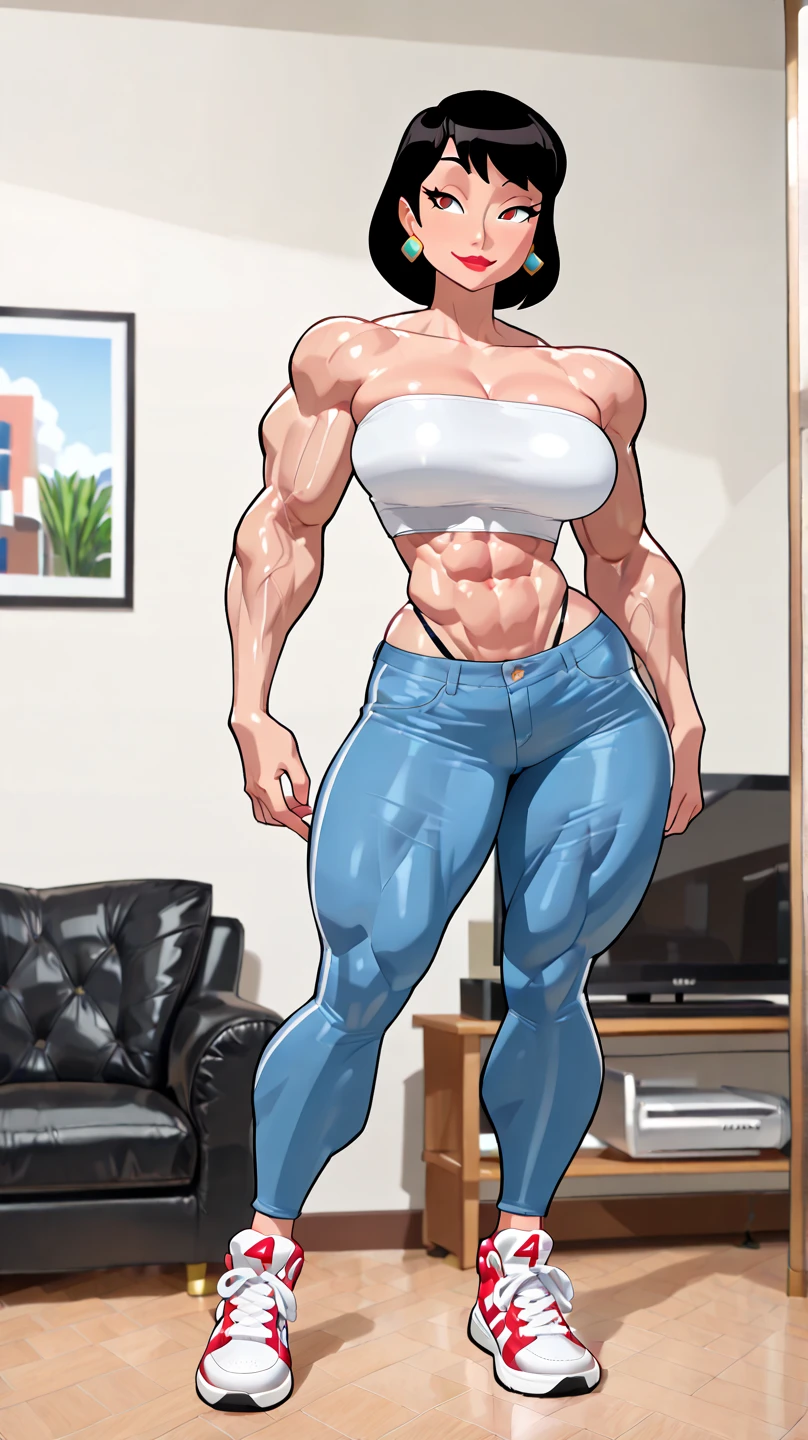 masterpiece, highest quality, (perfect face:1.1) , (high detail:1.1), Peggy Hill, a character from the animated television series "King of the Hill," appearance Caucasian woman with fair skin, slender, lanky physique. auburn hair in a short, bob-like cut and sports large, square-shaped glasses. modest no sleve collared shirt, blue jean shorts, and white sneakers. prominent narrow nose and expressive, almond-shaped brown eyes. slightly exaggerated chin, blend of suburban, middle-class, in shopping aisle, make face realistic, (Masterpiece: 2), (very detailed: 2), (beautiful: 2)