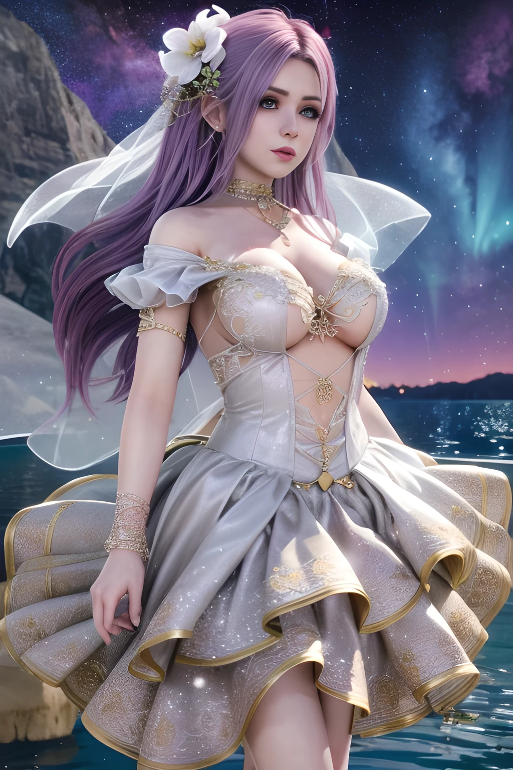 A detailed portrait of a girl sitting outdoors at night, looking at the starry sky with the milky way, surrounded by a night cityscape with buildings silhouetted against the night sky, long white hair. wearing a slightly revealing dress, sexy legs, precise cleavage, (best quality, 4k, 8k, high resolution, masterpiece: 1.2), beautiful detailed lips, sky, stars, landscapes, starry night, night, 1 girl. (Behind perspective)