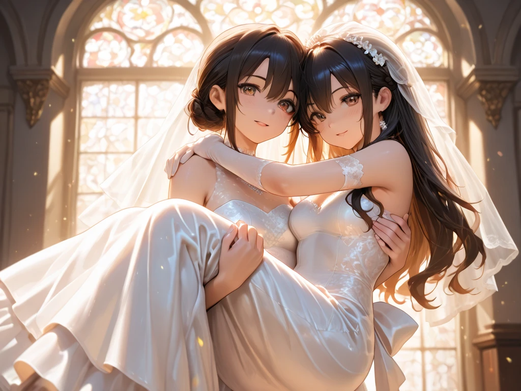 Two women in wedding dresses sitting on the bed，holds a bouquet of flowers, lalisa manobal, Album art, Official artwork, very magical and dreamy, ethereal fairytale, Ethereal beauty, Koreainsta Goddess, Ethereal fantasy, celestial goddess, lalisa manoban of blackpink, sakimichan, jaeyeon nam, ulzzangs, Ethereal and dreamy, fantasy beautiful，Extra-large big breasts，Blush，Perfect body slim curves， 8K art photo photo，Japan goddess，