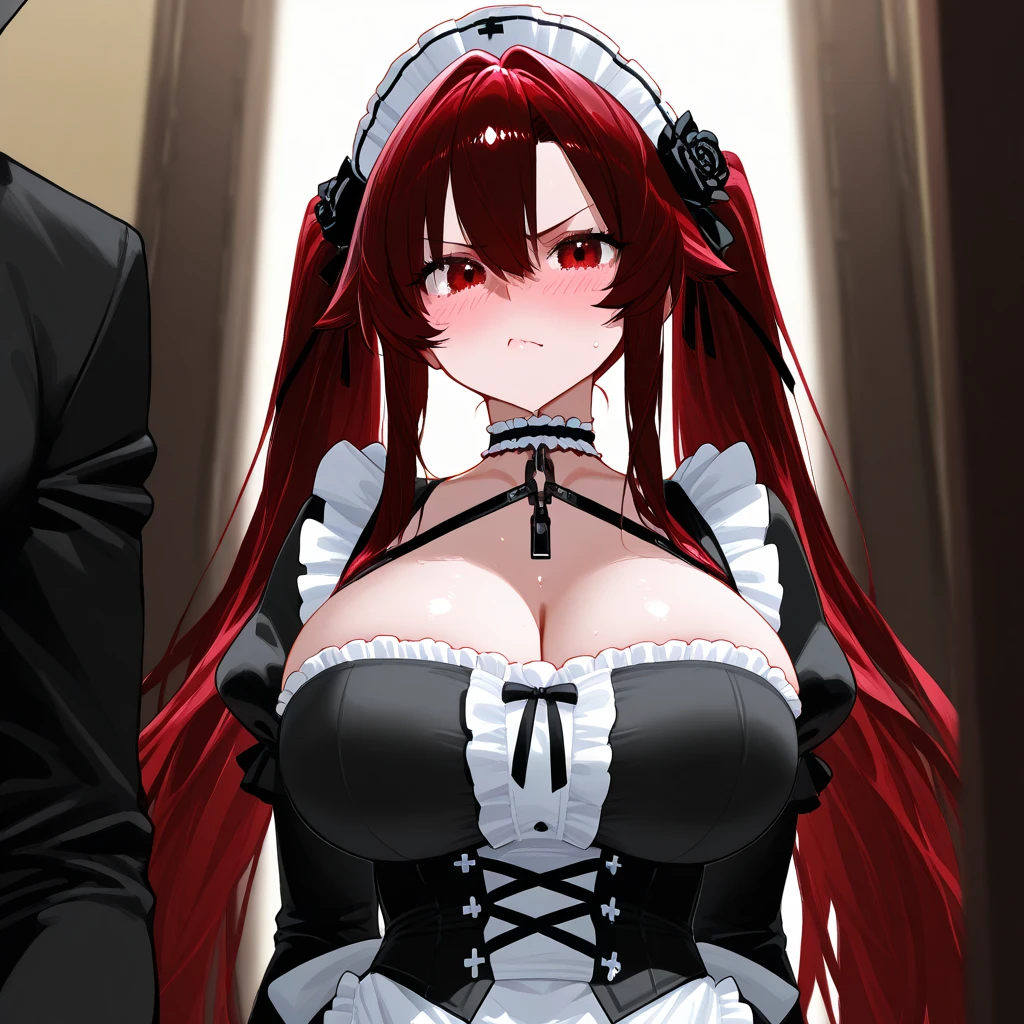 score_9, score_8_up, score_7_up, score_6_up, makise kurisu, red hair, long hair, dark-blue eyes, black pupils, BREAK (masterpiece:1.2), best quality, high resolution, (beautiful detailed eyes:1.3), perfect lighting, (perfect hands, perfect anatomy), breasts, 1girl, nipples, maid headdress, 1boy, hetero, leash, dark-skinned male, large breasts, seductive smile, drooling, implied sex, maid, dark skin, ripped clothes, sex, nude, bare shoulders, blurry background, looking at viewer, clothed female nude male, standing sex, interracial, pantyhose, torn pantyhose, blush, blurry, breasts out, collar, solo focus, sex from behind