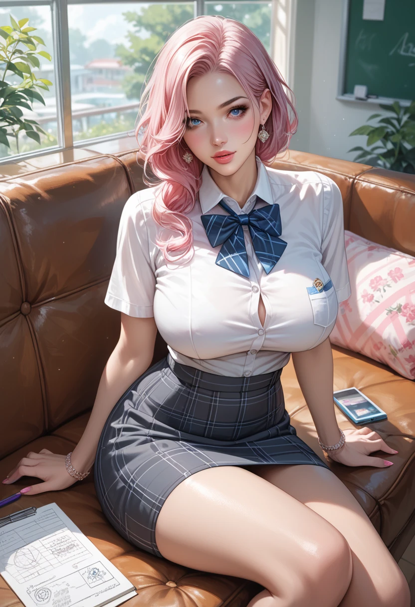(best quality, 8k, highres, photorealistic:2.0), (solo, one girl:2.0),(lighting: strong),(lighting: front),(very muscular girl:2.0),(bodybuilder girl:1.5),(shiny skin:1.5),(platinum pink hair color:1.5),(Bend your legs and open your thighs:1.8),(black loafers:1.5),(light blue blouse:1.6),(collar blouse:1.2),(long sleeve light blue blouse:1.3),((tight blouse:1.7)),(Emphasize cleavage:2.0),(short socks),(white socks:1.1),((blue pleated skirt)),((blue skirt)),((open blouse button)),((Wearing white underwear)),((Girl leaning on an old leather sofa)), very beautiful Japanese girl, Blush brown makeup , dark eye makeup,(big eyes girl),(Hold loosely clenched fist in front of mouth:1.7),(girl with open mouth:1.4),(Instructing viewers to perform a self hand job:1.3),(Gesture to give you a hand job:1.3),(very smiling girl),(Instructing viewers to masturbate themselves:1.3),(Drooling and sucking gesture:1.6),(A girl who enjoys showing her panties to her viewers:1.8),
