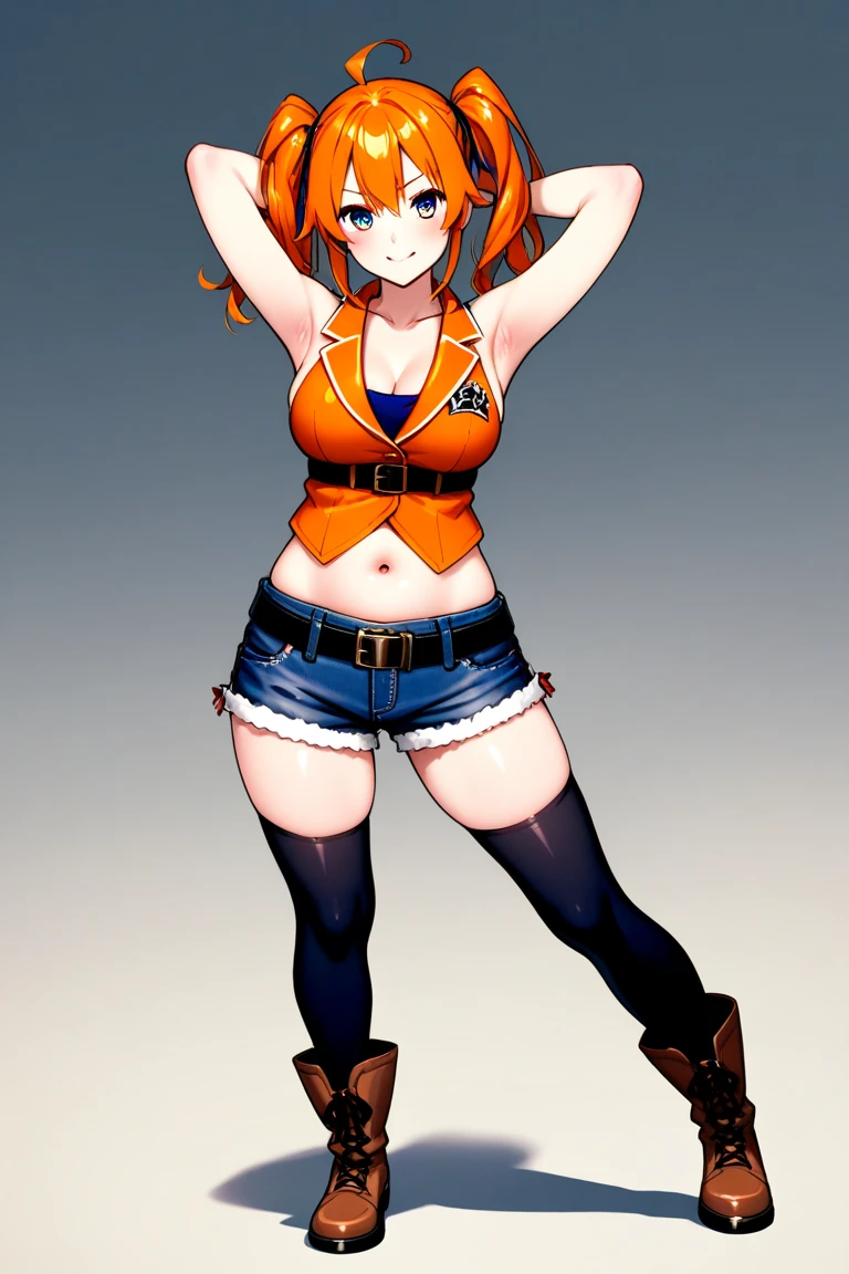 (bestquality,masterpiece) ,NamiOP, jewelry, smile, cleavage, earrings, bracelet, navel, short pants, jeans, :d, groin, holding, closed_eyes, standing, blue_pants, blurry_background, solo_focus, blurry, food, fruit, orange_\(fruit\), holding_food, holding_fruit, mandarin_orange, ((jacket)), eyes open, ((open eyes)), look at viewer, face at viewer, orange hair,