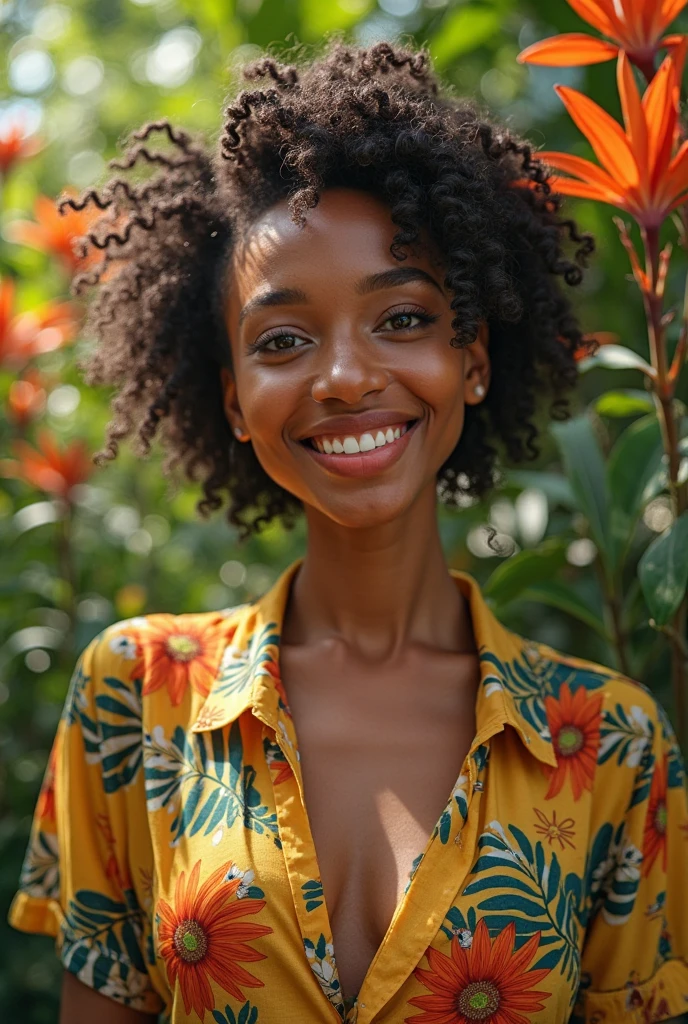 A Brazilian woman in a lush tropical garden, wearing an open shirt with a floral print, with a close-up capturing the harmonious beauty between her breasts and the natural flowers, showing off your natural charm and outgoing personality.