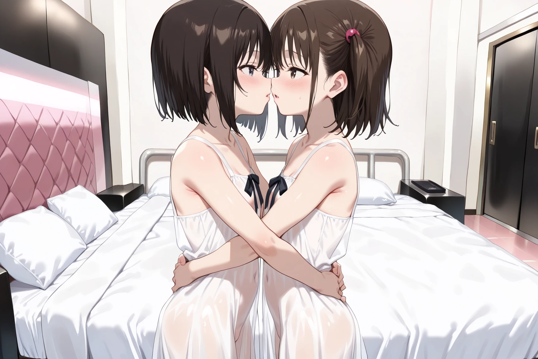 ((Naked))、(Pubic hair visible)、(8K、RAW Photos、Highest quality、masterpiece:1.2)、Illustration touch、Very detailed、Ultra-high resolution、2 girls、Side view,Written boundary depth, Delicate eyes, Sharp nose line,Fine skin、Smooth、Perfect beauty、Small Ass,((Small breasts))、thin,((Natural style)),Brown Hair、Truly beautiful、Beautiful profile,Perfect Style,Ahegao,Shortcuts,Western-style room,On the bed,Lighting is dim,French kiss,((Kiss between girls)),((something similar to rape)) ,My face turned red,Girl surprised by sudden kiss,((Crotch fingers)) ,Dimly lit room,night,Around 17 years old,Both of them are naked,thin,Foliage plant,Large windows,Bright spring sun,Sheets at your feet,lie down On the bed、Anime Scenery, make:Anime Artist Studio, Background artwork, Beautiful Anime,Stylish rooms,