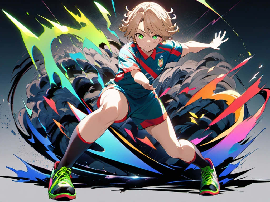 anime waifu bodybuilder, beautiful face, green eyes, scar on left eye and nose, perfect body, fit body, looking at the ball, flight, jump in the air, open hand, catching ball in the air, abdomen, large breasts, muscular, ((hair) long and blonde), sarashi white chest, sarashi, underboob, breasts bandages, arm bandages (insanely detailed, beautiful detailed face, masterpiece, best quality), (looking disgusted), konosuba, character A2, (white and torn bandages on the arms and legs), image taken from above, focus on the soccer ball, high quality, white light clothes, punches in the air, sweat splattering, ((soccer player) goalkeeper) defending, soccer ball from the field