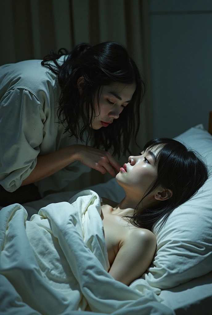 Japanese woman in a thin white nightgown,Woman trapped in bed,A man kneeling behind.,One hand on the woman&#39;chest.,The other hand is reaching inside the woman&#39;underwear.,