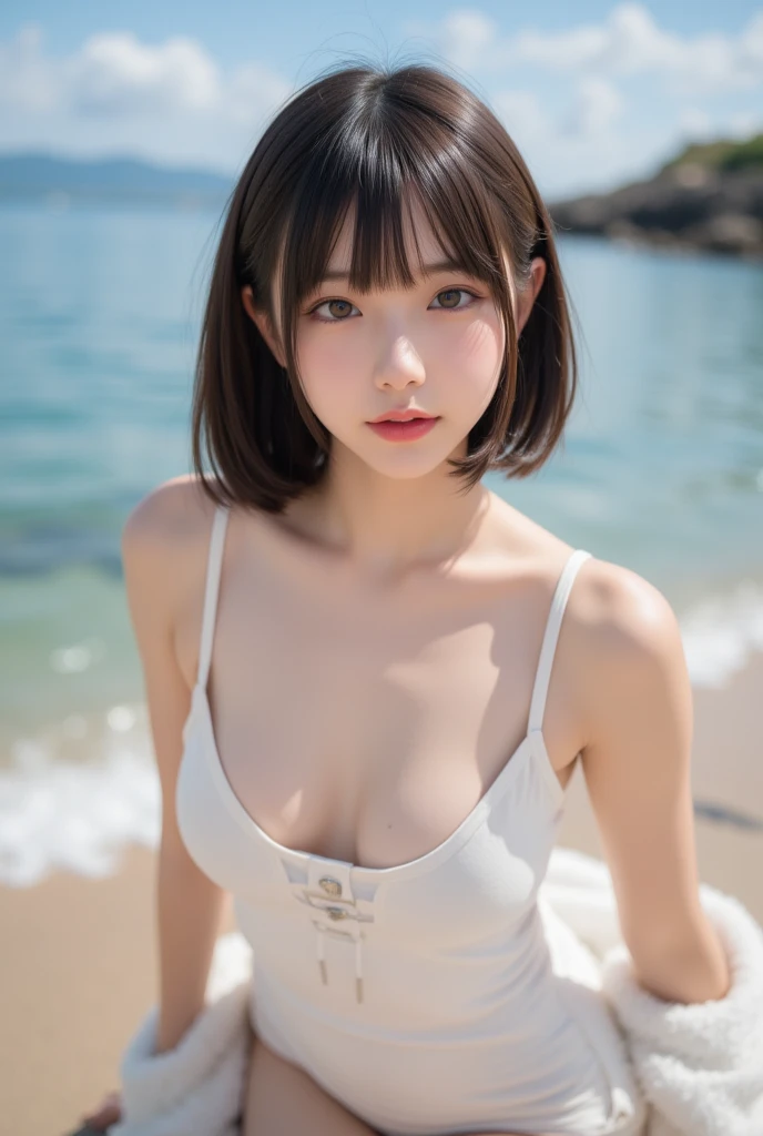 8k、Highest quality、（beautiful）、Precision Eyes、Fine skin、Caramel Blonde Hair、Upper Body、Completely naked、Nipples、Soft Breasts、Beach、Semi-short hair、Larger breasts、Shoot from above、