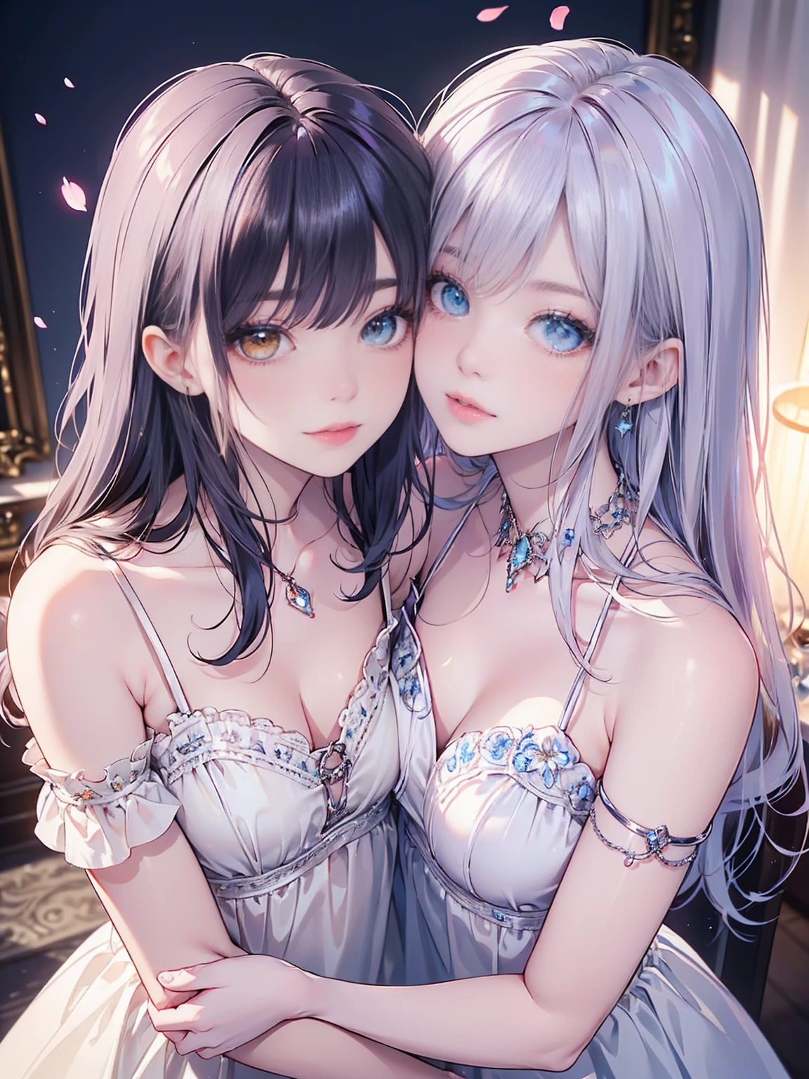 Illustration, cinematic light, high resolution, best quality, super detailed, detailed face, (detailed eyes), highest quality, super detail, masterpiece, (detailed face), upper body, subject forward, pretty face, best smile, sexy mature woman (pajamas: 1.5), ultra detailed embroidery, choker, NSFW, blue eyes, neon small shiny hair edges, D cup, cleavage, AI fantasy super luxurious room: 5, sparkling interior with neon details, (on cute AI bed: 1.15), (sit-in: 15), (morning sun shining through window), light reflection, heart-shaped iris, playful eyes, open shoulders, hair jewelry, import