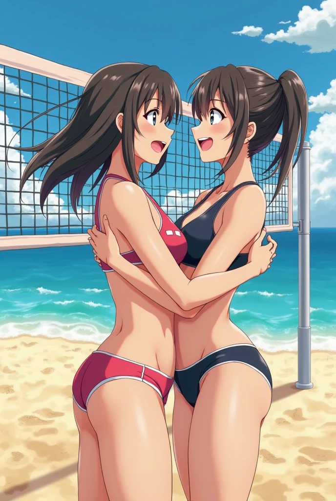 some pretty anime characters fighting over water with one another over the top of them a sun blushing lewd face while wearing very tight boots micro bikini