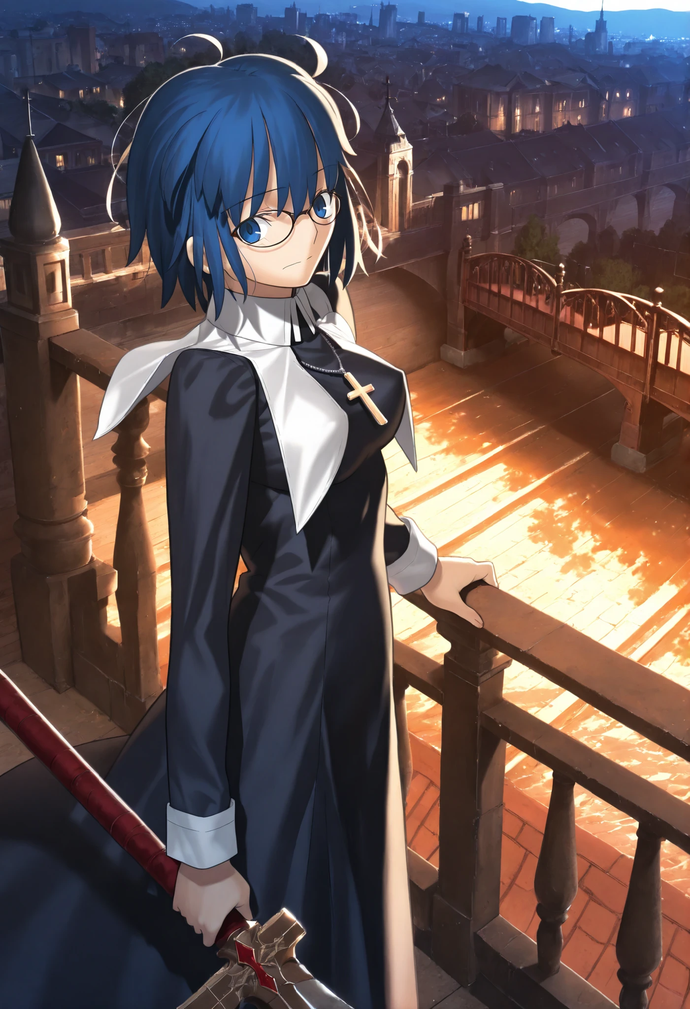 masterpiece, , absurdres, highres, detailed background, high resolution, masterpiece, necessary, detail, best quality, quality, necessary, details, High details, Precise, 8k outdoors, (bridge, city),dark, ,(from above, from side),
1girl, Takeuchi Takashi (type-moon,tsukihime) style, takeuchi takashi style, (aged up),closed mouth, ,
girl, (slender body, slim arms, slim bod),girl, el3gymaster ,ciel \(tsukihime\) ,blue eyes ,blue hair ,glasses ,short hair,(cross ,latin cross ,cross ,holding ,necklace ,nun), (medium breasts),(looking at viewer), , ,
