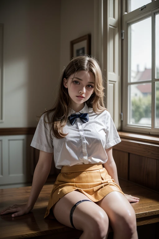 A 13-year-old young girl similar ti Chloë Grace Moretz,redheaded girl with long hair, wearing a transparent white shirt and blue plaid mini skirt, sitting in a large armchair in a room with demon masks on the walls and red spotlights, in the style of Eyes Wide Shut, with lighting inspired by Stanley Kubrick, ultra-realistic, perfect hands, photorealistic, perfect body, sexy body of a , high quality, masterpiece, great detail, 88mm,