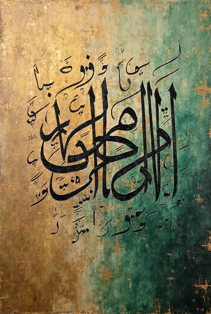 A flag with colours blck yellow white and green with a complex pattern and allahu albar in Cyrillic on it