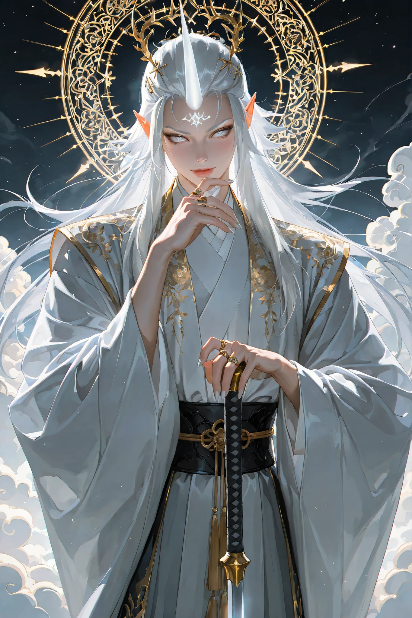 (tangobat:0.7),(Sakimichan:0.7),(High quality CT,4K,High resolution,main part:2.3),Very detailed,realistic:1.37,Best quality,masterpiece, high resolution,on_body, Tyndall effect,photorealistic, edge lighting, Two-color backlight,(high definition of skin:2.3), (8K UHD, DSLR quality, soft lighting, high quality, surround lighting, sincere, de 8K , 4k, 8K.) (male character/male bodybuilding) Background: snowy mountain eastern coniferous forest, against the background of high mountains in the fog. The unicorn beastman.The young tall mighty man has long straight loose pearly-white hair combeded to one side,he has sharp silver hairpins his hairstyle. silver eyes. he has pointed ears. (ONE SINGLE UNICORN HORN) He has long pearly unicorn horn on his forehead. He has silver nails and rings on his fingers. He is dressed in a men's mother-of-pearl Hanfu robe decorated with embroidery of snow-white clouds. He has a sliver spear-axe of Guan Dao in his hand.