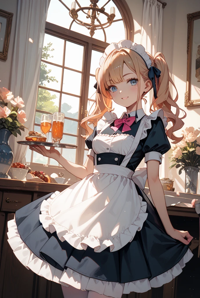 1girl, navia \(genshin impact\), solo, maid, maid headdress, maid apron, embarrassed, pantyhose, open mouth, blush, parted lips, looking at viewer, cowboy shot, bar \(place\), indoors, depth of field, masterpiece