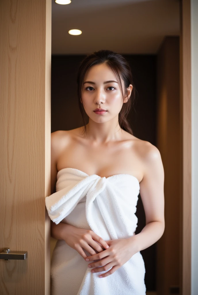 Natural light, girl bathing in bathtub in hotel bathroom in white bathrobe, (best quality, masterpiece: 1.2)