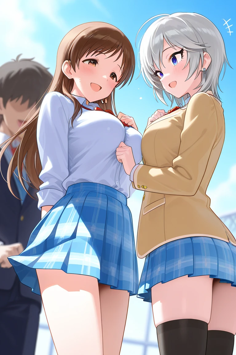 highest quality、High resolution、detailed background、beautiful and detailed face、beautiful and smooth skin、skin texture、professional lighting、Beautiful teenage girl、((three women))、(huge breasts:1.1)、underboob、panty shot、white panties、Hug me playfully、touch my chest from behind、
sexy sailor suit、Pleated mini skirt with tartan plaid pattern、cute hairstyle、side ponytail、knee high socks、panty shot、camel toe、
ribbon or barrettes、Things with patterns and embroidery are cute..、smile、laughter、smile、sexual expression、school trip、Pose against a backdrop of buildings and landscapes、Buckingham Palace、Paraty Nail New Palace、castle of versailles
