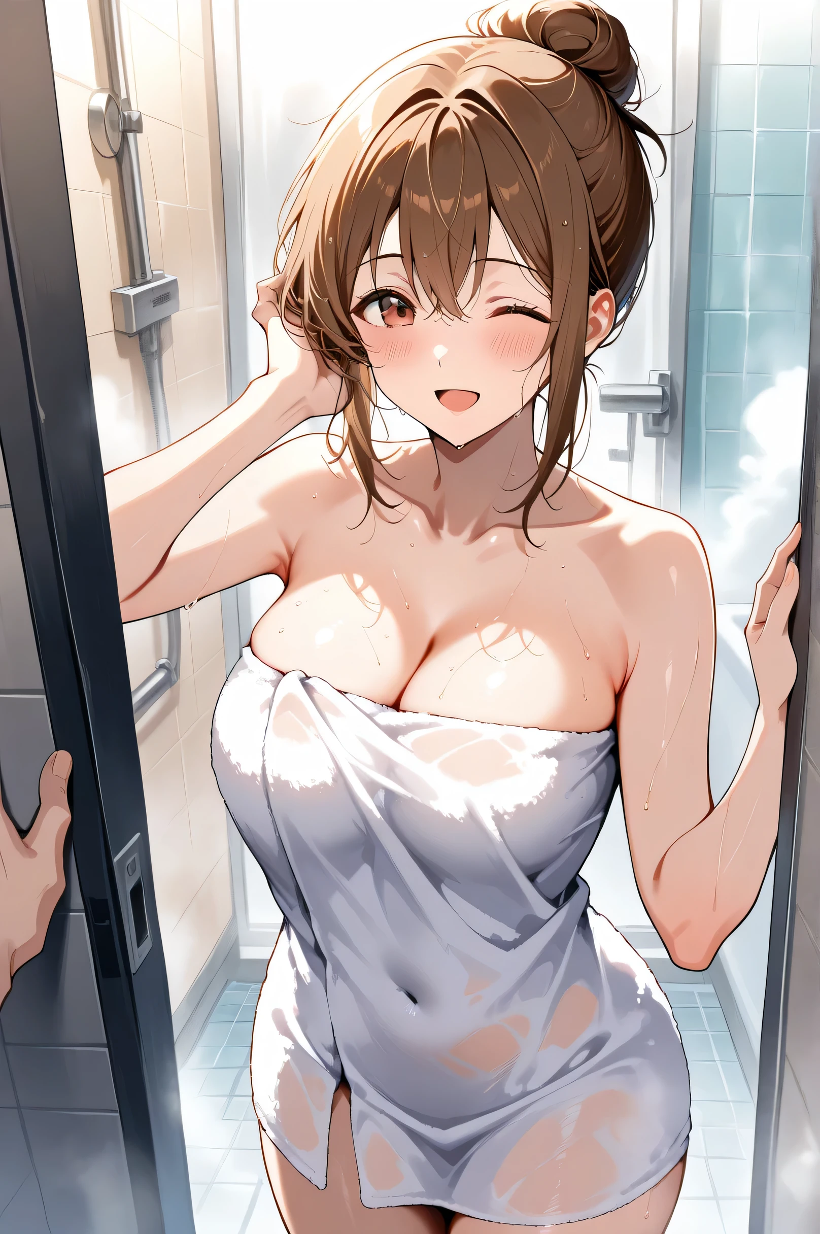 NSFW、(Big Breasts、breast、Nipples、Exposing the crotch、Spread_Pussy、Completely naked、Completely naked、Full naked)、Head shower、シャワーをbreastに浴びている、Toned body、(masterpiece、Highest quality:1.2)、One girl、solo、Leg spread、Extend one leg up to your chest、Standing Split、両脚を大きくLeg spread、Exposing the crotch、Spread_Pussy、Stand up straight、(Push your hips forward:1.)、独奏、(short hair、Brown Hair、Barrette、hair ornaments)、(Brown eyes:1.5)、(yuihirasawa、yui hirasawa、Yui Hirasawa)、独奏、shower room
