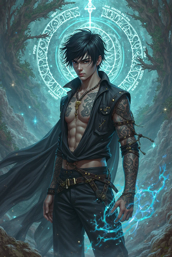 Character with tattoos with his sword in his hands on fire with a black hole in the background