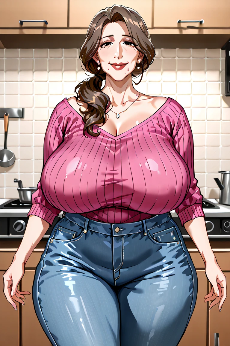 detailed illustration (side view),dynamic angle,ultra-detailed, illustration, pose for the camera, smiling at viewer, clean line art, shading, anime, 2020’s anime style, detailed eyes, detailed face, beautiful face,
1girl, mid 40’s year old Chinese American woman, during the day, in a fancy home, standing in the kitchen , wood paneled walls, beautiful dark wood floors, oriental rugs, obese and thicc,motherly and nurturing, silk waist-long dark hair, big round firm belly, 350 lbs+ weight, 6’ tall, strained purple sweater, soft smile, look cute, tight clothes, tight mom jeans, very wealthy looking, tall, grey eyes, anime eyes, thick thighs, large protruding belly, belly sag, thunder thighs, thighs always touching
