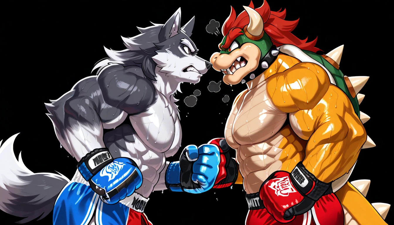 bright red colored bara shark, white countershade, red skin, huge plump pecs, strong physique, tribal tattoos, scarlet samurai hair in ponytail, cyan colored eyes, black sclera, very muscular, perfect anatomy, scars on body, full body view in frame, masterpiece beard, strong jaw, thick thighs, giant biceps, muscular, shark tail, grin, amazing shading, full body, detailed hands, detailed eyes, detailed face, detailed arms,anthro, muscular, abs, (detailed:1.5), male, detailed background, by bozi, wearing leather jacket and jeans, in boxing stance, hand wraps, abstract background, by MANYU_ART, by darkgem, by sligarthetiger, by meesh
