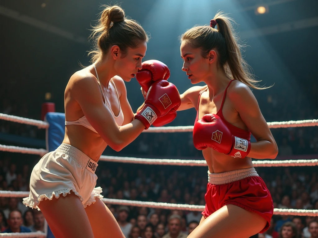 A rough and rowdy female boxer (Tattoos, boxing gloves, sexy sparkly fighting outfit), facing off against a very different female fighter, boxing, high action, high impact match