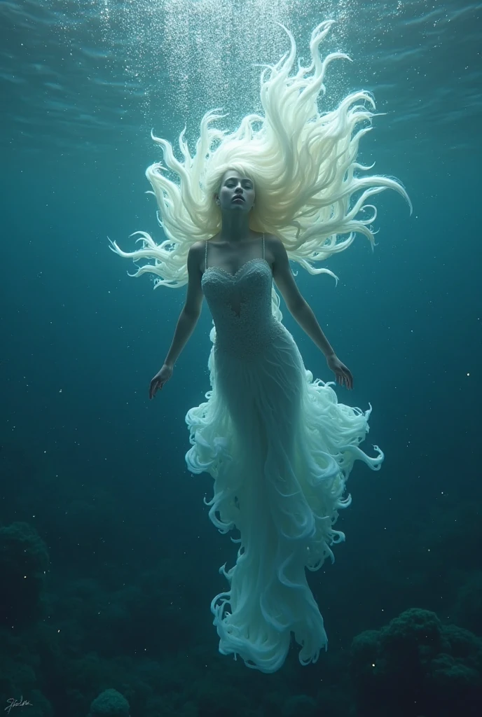 A woman with long white hair,she will wear a white dress and she will be in an ocean and there will be yellow hands pulling her head underwater,show in top angle