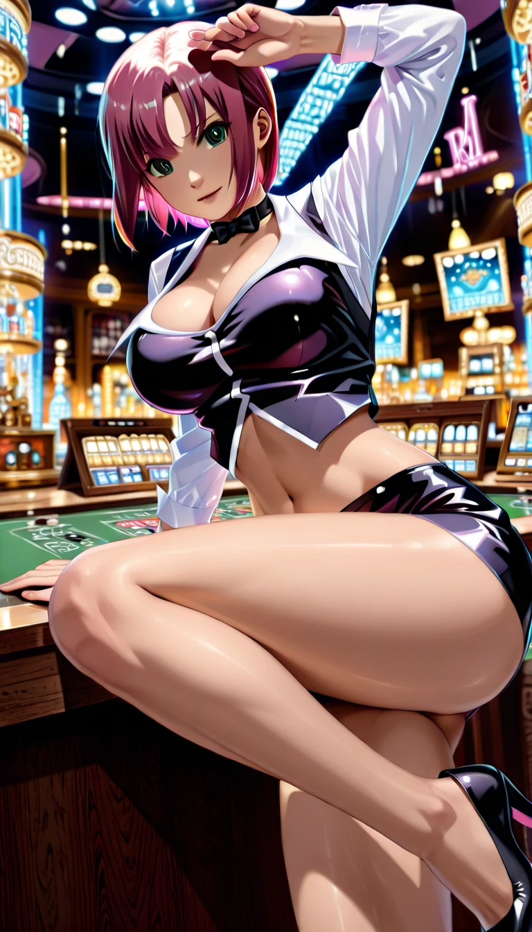 (best quality, highly-detailed),(dynamic angle),(reverse bunny costume),(1girl),huge breasts,(casino chips, cards),(bokeh),pink lighting,enticing, glossy,sexy pose, seductive gaze, suggestive demeanour
