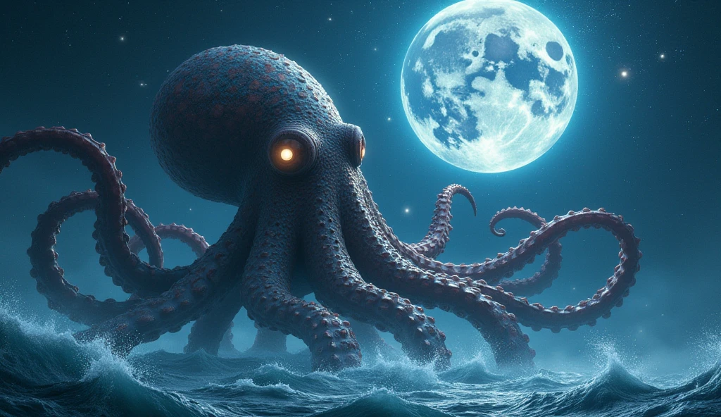 Fantasy, horror Fantasy, During a lunar eclipse、Planetary conjunction opens the gates to the underworld、A beast with spiny tentacles is unleashed from the slime of the night.。, Lunar eclipse demon tentacle thorn ichor, UHD 8K Ultra-realistic and exquisite detail、Ocean、Octopus monster