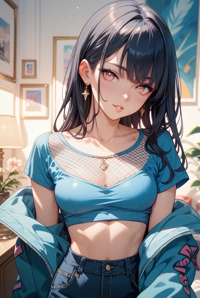 masterpiece, best quality, olo girl, black hair, blue eyes, long hair, medium breasts, sexy body and face, wavy hair, smile, sleeveless shirt, scarf, black thigh-high, mini skirt, pendant, bracelet, jewelry, earrings, feather hair ornament, book, lying at the bed, night, sexy pose, cowboy shots, detailed body, face, and eyes, sharp focus, vibrant, creative, dynamic, high definition, high resolution, 8k, (Upscale: R-ESRGAN 4x+ Anime6mage enchance:4x), voluptuous body, cinema lightning, dakimakura style, looking at the viewer,