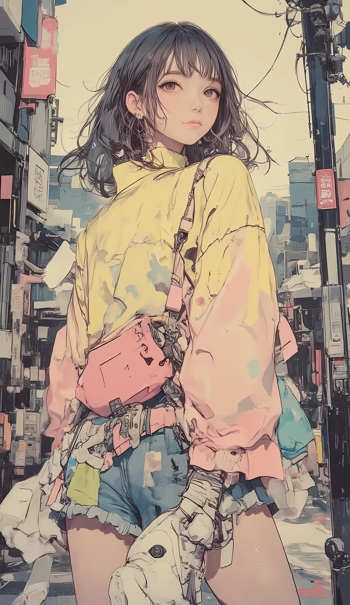 8k, masterpiece, top quality, mushroom cut Asian woman,natural makeup,healthy, Radiant Skin ,Modest lips, add volume to the top with mash shorts、Shorten the neckline、Add random curls, Soft impression ,Bangs above eyebrows,unique pastel hair color,sporty and elegant fusion,sports jacket and frill skirt,Sneakers,Street x feminine,chiffon blouse with denim,Accent with large hoop earrings or chain necklaces,bag is a waist pouch,volume、add bright colors such as blue,put together in monotone、colorful with accessories,natural body movements(Looking back while walking),The expression is a vibrant and bright smile,slightly unique atmosphere,The background is a Japanese city park