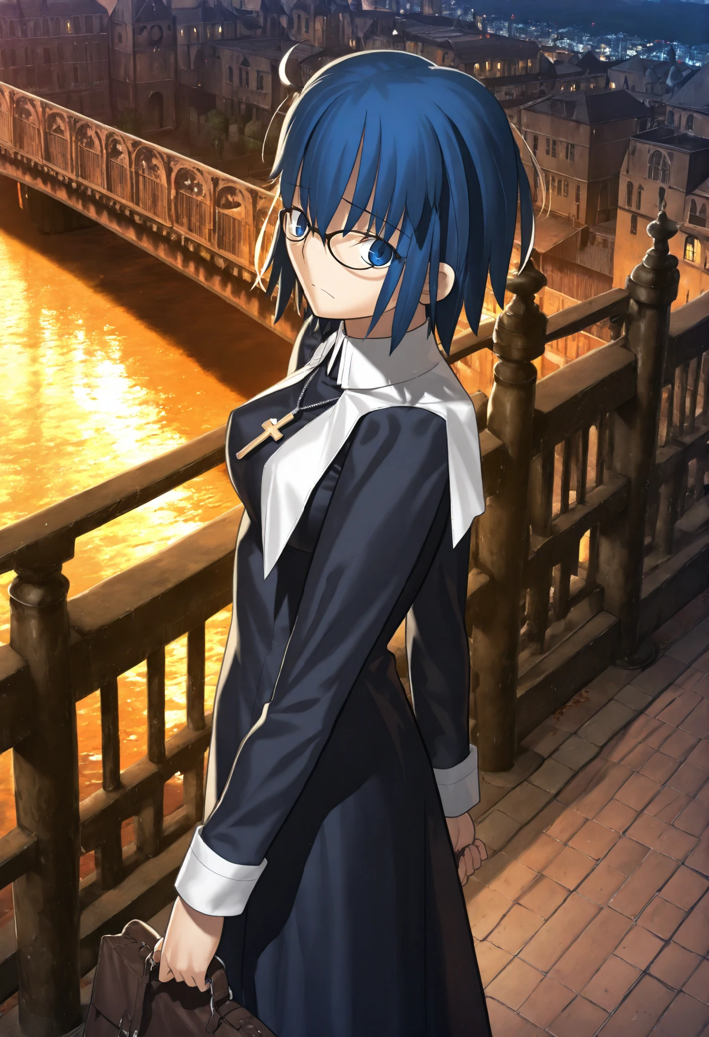 masterpiece, , absurdres, highres, detailed background, high resolution, masterpiece, necessary, detail, best quality, quality, necessary, details, High details, Precise, 8k outdoors, (bridge, city),dark, ,(from above, from side),
1girl, Takeuchi Takashi (type-moon,tsukihime) style, takeuchi takashi style, (aged up),closed mouth, having bag,,
girl, (slender body, slim arms, slim bod),girl, el3gymaster ,ciel \(tsukihime\) ,blue eyes ,blue hair ,glasses ,short hair,(cross ,latin cross ,cross ,holding ,necklace ,nun), (medium breasts),(looking at viewer), , ,