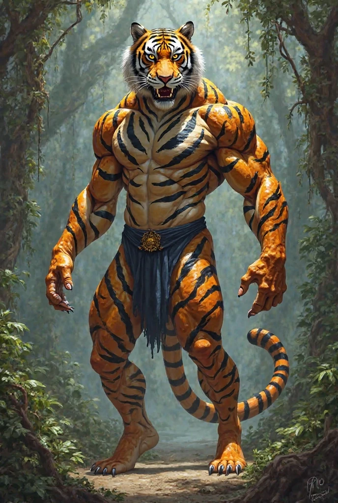 score_9, score_8_up, score_7_up, score_6_up, (solp), anthro male tiger wearing a loincloth, proud serious expression, tribal, muscular, sharp claws, standing, desert swamp, warrior, digitigrade, bulky body
