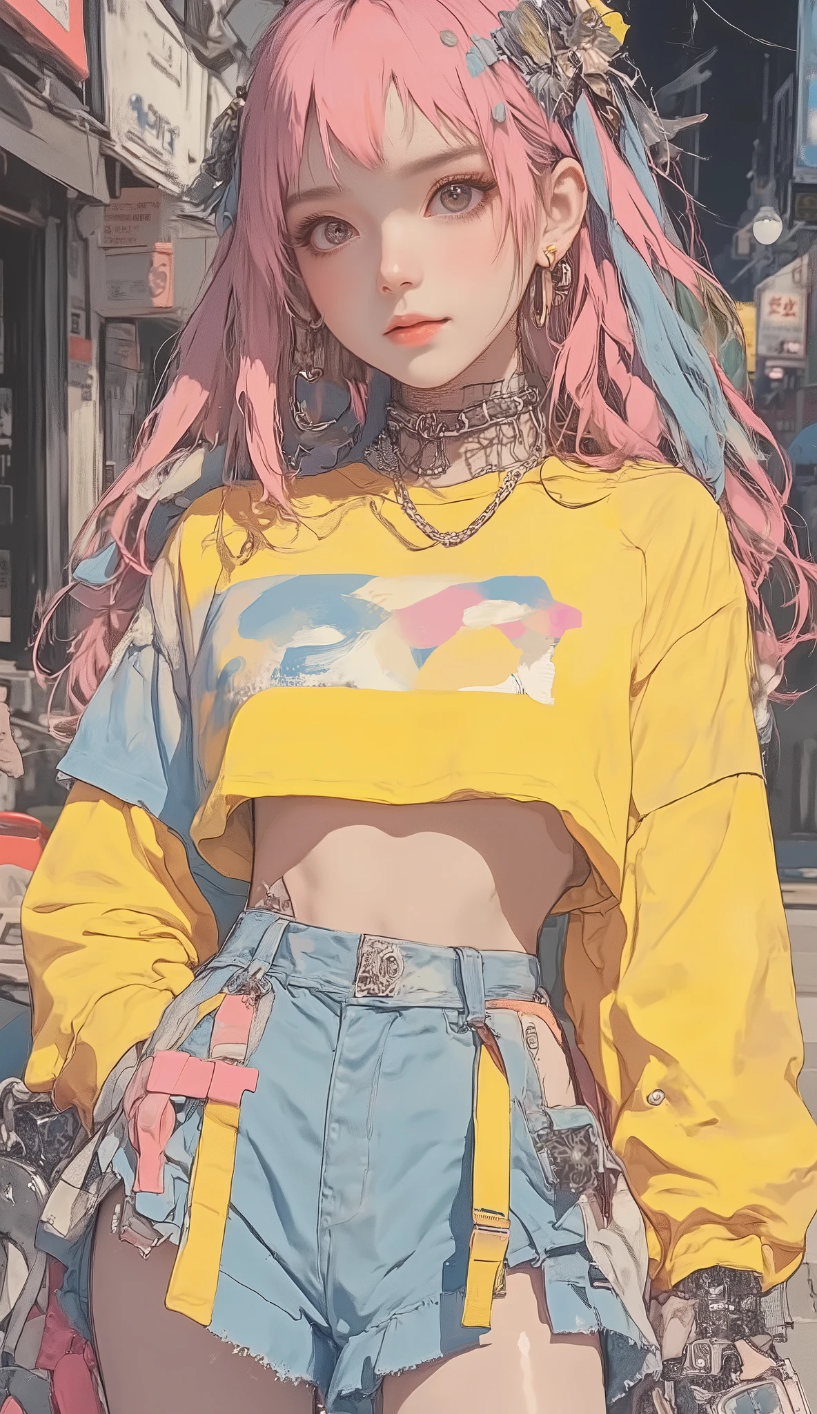 8k, masterpiece, top quality, mushroom cut Asian woman,natural makeup,healthy, Radiant Skin ,Modest lips, add volume to the top with mash shorts、Shorten the neckline、Add random curls, Soft impression ,Bangs above eyebrows,unique pastel hair color,sporty and elegant fusion,sports jacket and frill skirt,Sneakers,Street x feminine,chiffon blouse with denim,Accent with large hoop earrings or chain necklaces,bag is a waist pouch,volume、add bright colors such as blue,put together in monotone、colorful with accessories,natural body movements(Looking back while walking),The expression is a vibrant and bright smile,slightly unique atmosphere,The background is a Japanese city park