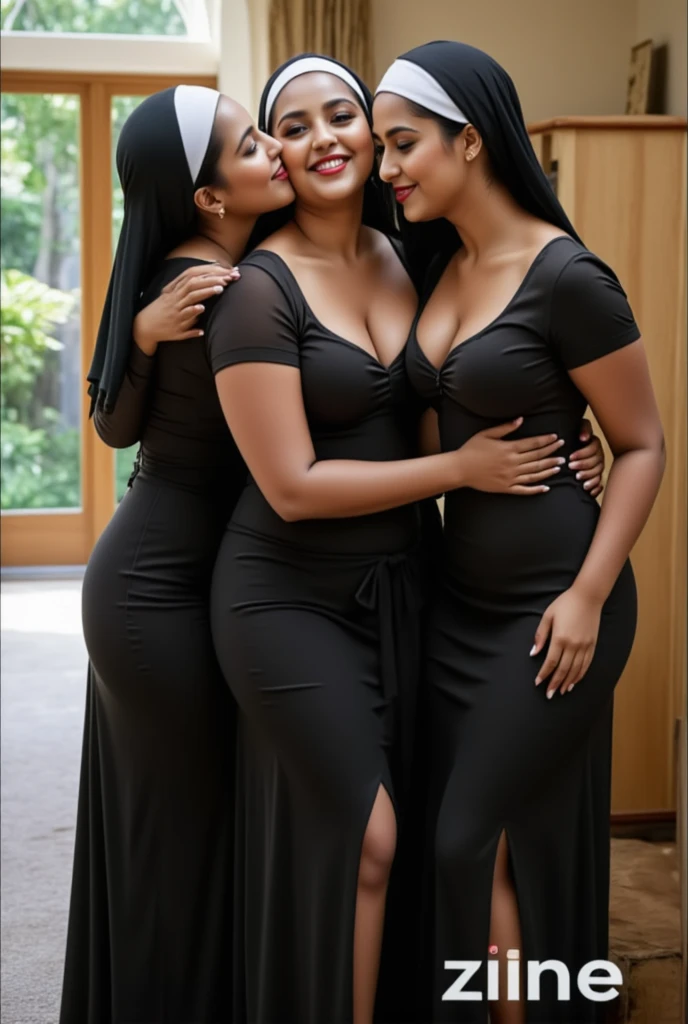 a black man with three thick wives , They are all dressed in black formal