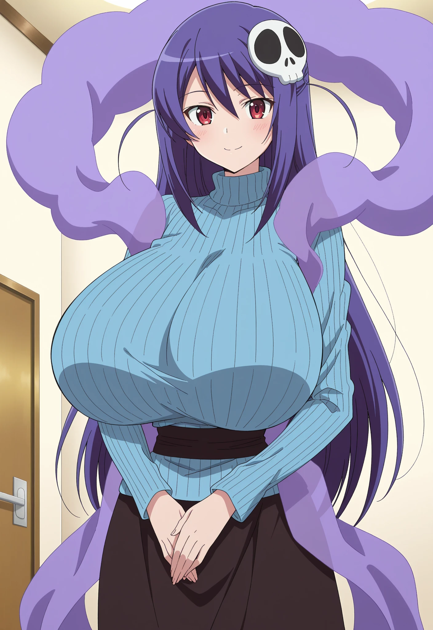 masterpiece, High resolution, beautiful and detailed face, , 1 girl,, anime, ((slut))), long, wide hips, thick thighs, huge ass , huge natural breasts, cleavage, mature mom, , saggy breasts, bossy, nsfw naked standing topless purple hair red eyes smile red cheek pink tracksuit cleavage huge breasts show off nipple bottomless 高画質 high quality open mouth facing viewer spread legs cute arms up