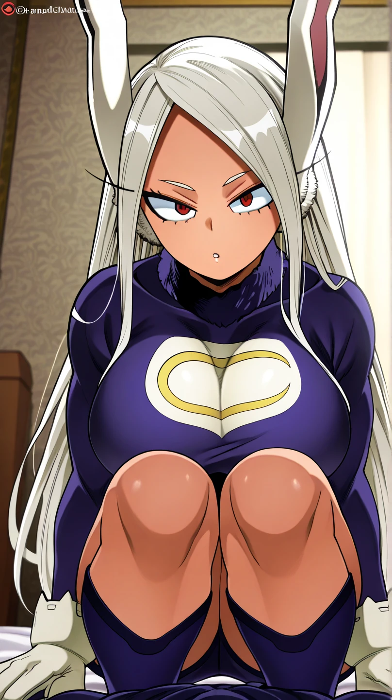 A sexy Asian Russian girl beautiful cute big breast long wavy dark blonde hair her round gray eye eyelash thin black pink lip soft cheeks she dresses dark gray top long sleeve shows navel and short gray pants pair of polar blue socks black snow boot