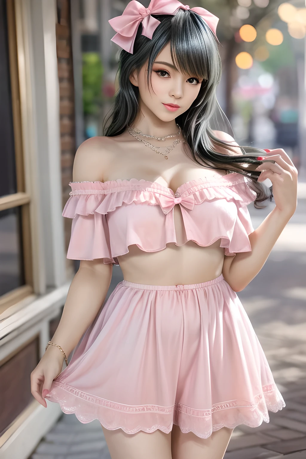 (8k, RAW photo, highest quality, masterpiece: 1.2), Super detailed, super resolution, (genuine, genuine photos: 1.37), portrait, High-definition RAW color photo, professional photos, 非常に詳細で美new, very detailed, 8k wallpaper, amazing details, huge file size, official art, very detailed CG Unity 8k wallpaper, very detailed beautiful girls, very detailed facesHighly detailed eyes, Very fine skin, very detailed fingers, very small nose, very detailed detailed mouth, perfect anatomy, detailed background, fine clothes,20th generation, cute girl, genuineistic body, white skin, glowing skin, (dull bangs: 1.2), smile, cute, like々new, cute face, genuineistic face, delicate eyes, sagging eyes, (Super miniskirt ruffle dress costume 1.2), earrings, necklace、looking at camera, dynamic lighting, G cup breasts,big breasts、(I can see your pants 1.2)、panty shot、(Castle 1.2)、(dynamic dance pose 1.2)、(White-based pastel pink 1.2)、(Prairie 1.2)