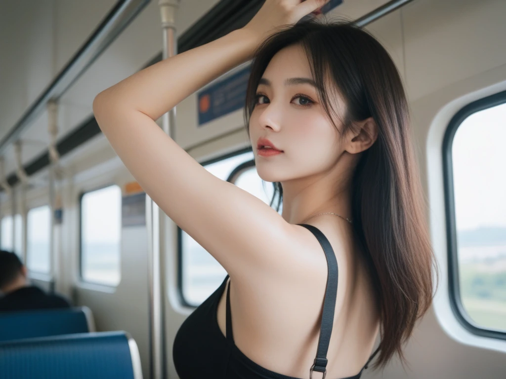 (masterpiece, Highest quality, 8k, RAW Photos, beautifully、beautiful:1.2),  Intricate details, indirect lighting, Realistic,
whole body, Sitting on a chair on the train、Gazing at the audience、Voyeur、lure、mini skirt, (Ultra-realistic pantyhose)、Women&#39;s training , Chair to sit under skirt,