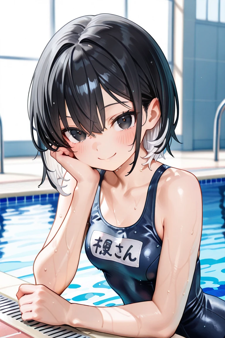 upper body, masterpiece, dark blue swimsuit, school swimsiut, dark navy low-cut swimwear, sukumizu, best quality, 1girl, cute, slender, (shiny skin, sweaty:1.2), pool, depth of field, sharp focus, detailed eyes, sharp pupils, realistic pupils, short hair, looking at viewer, delicate facial features, (blush, upset:0.1), (hyper-detailed:1.5), (small breasts:0.5), tongue