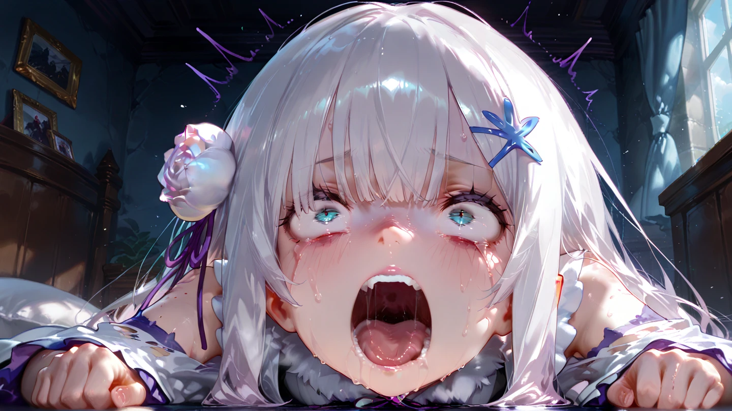 White Hair, Melancholy eyes, Yellow pupil, Black diamond-shaped hairpin,tears。Huge purple fluffy silk duvet. Huge luxurious bed。 White chocolate sauce splattered generously。naked。Sweaty。Blushing。Sticking out tongue。Are crying。Lots of giant purple soft silk pillows。