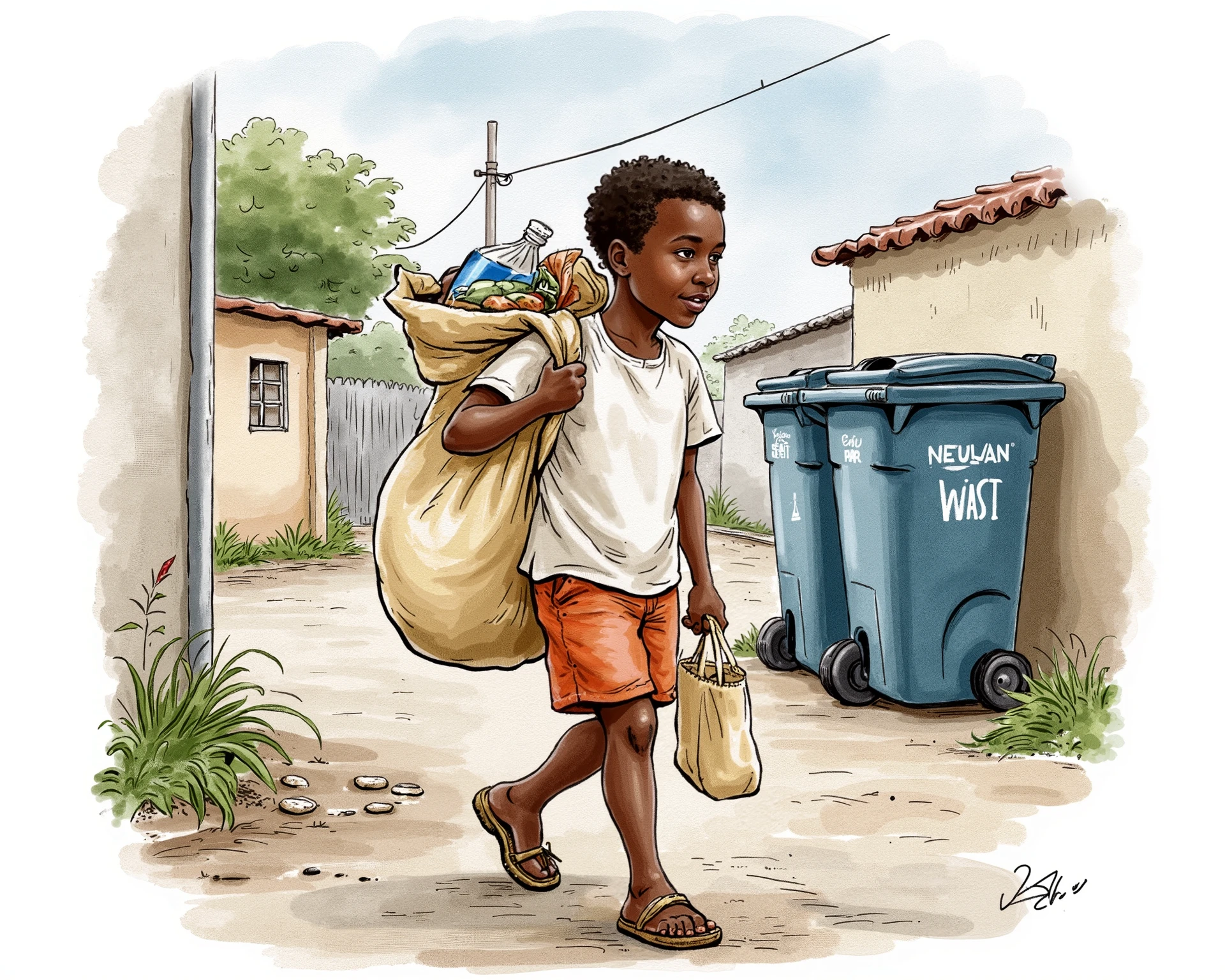 A Nigerian boy, casual dress, carrying a waste bag full of refuse, to throw in the big bin out door
Water color illustration, no background