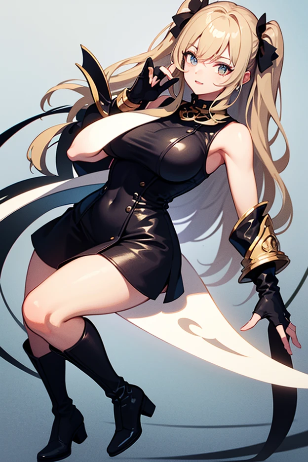 Wearing a black bikini、Wearing a hat and a sword, Wearing headphones,(masterpiece, best quality) detailed,silver accessories , Blonde ,elegant, Pointed ears ,Black shirt,Black pleated skirt,Double tail,Waist-length hair,Smile,Star decoration,Lace lace socks