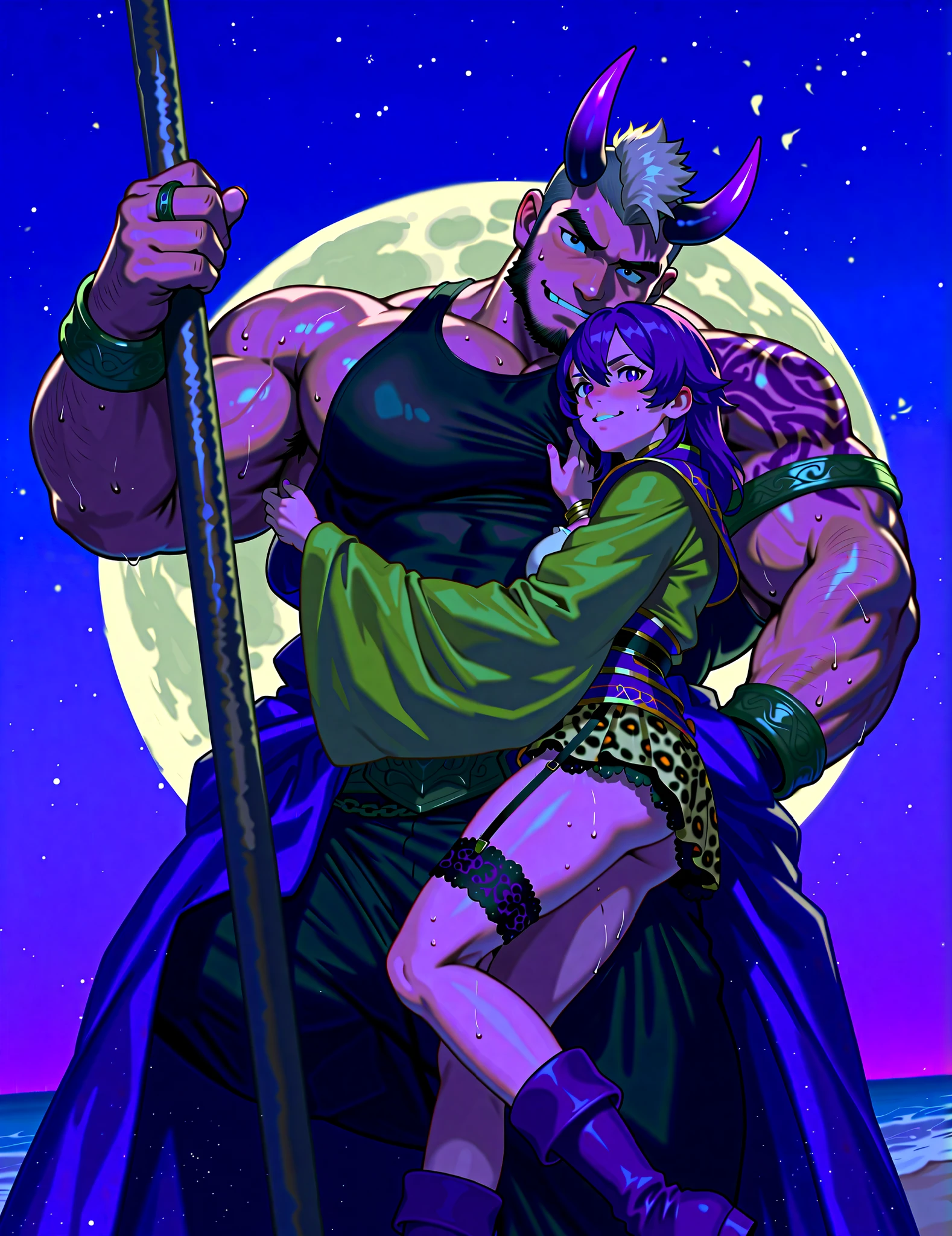 sweaty、giant muscular couple, short gray hair, are snuggling up, hugging and kissing while walking along the beach, they're wearing transparent lace shawls, anatomically accurate, Full body photo, Photoreal. swallows flying above their chest and body. a strong wind fluttering a silky flag on a pole. digital painting,very detailed,concept art,Art Station,3D models,depth,octane render,8k,hyperrealism,REALISTIC LIGHTING,very detailed伝説的なスタイルの男性用ポマードヘアスタイル、Mohawk Line is blonde,Purple hair on both sides, Male in his late 30s!!,Muscular,Giga Chad!!,from right shoulder to chest、黄色のワイルドな装飾Likeヒョウ柄, The magician's robe with a Tsukamoto motif , Moon and wild themed costume, an oracle-themed Oracle , Full body portrait, purple metal bangle on arm, believes in a yellow robe, black armor with yellow accents, Full body details, Astrologer Outfit ,Male costume , and a metal ring with purple jewels on each finger,hair color from front to center、and fantasy costume with letters floating around their bodies is wrapped around the back,Purple hair on both sides,fantasy costume with a magic fan,purple horns growing from both sides,long white yellow socks々Like、skin color is dark gray,PURPLE EYES,A devil with a panther pattern on the upper body,and fantasy costume with letters floating around their bodies is wrapped around the back {X} yellow thread and purple line running diagonally from the right shoulder、tank top pattern woven with gold thread, I'm wearing a black tank top,Purple line from right leg,Purple shoulder pad and armband on the left shoulder,Purple Short Boots/4 Length,Leopard print upper body,black skinny pants worn on the lower body、3,腰に黒帯Like何かを持っている,Garter belt on left thigh is black and gold,fantasy costume with letters floating around their bodies ,and bodies surrounded by letters Fantasy costume is wrapped around the back {X} metallic brown python pattern super mini bodycon dress with gold chain decoration,long white yellow socks,Purple short legs,gold-embellished boots,Wild decoration with animal fangs and claws,from thumb to middle finger、Hair style is Pomade Legend Style,Fantasy costume with magic fan,X} black garter belt on left thigh { X} X} black garter belt on left thigh { X} X} black garter belt on left thigh { X} X} black garter belt on left thigh { X} X} black garter belt on left thigh { X} x} black garter belt for left thigh { x} Devil's tail grows from the waist,fire gradation covering the entire body(Yellow to purple)fantasy costume that