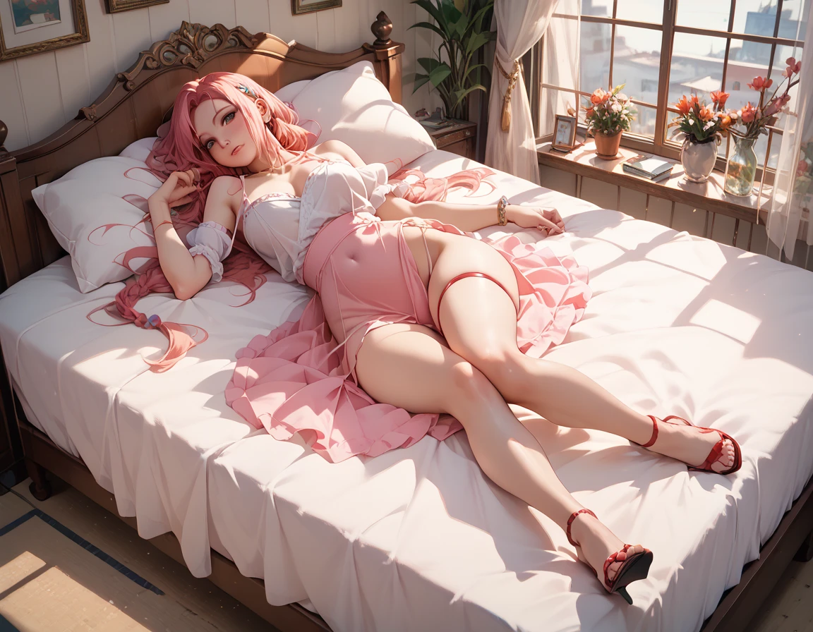 (masterpiece), best quality, expressive eyes, perfect face,1woman, solo, porcelain skin, posing, strong pink hair, glossy hair, vibrant pink, brilliant hair, blue eyes, hair ribbon, twintails, eyebrows visible through hair, purple underwear,heels, light and shadows